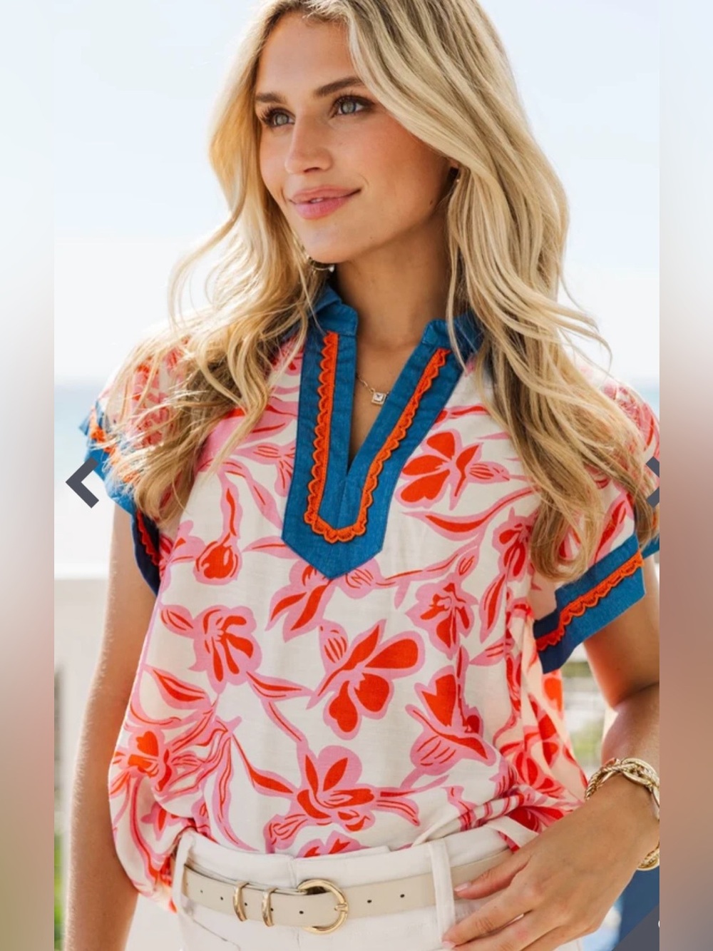 Umgee Pink & Orange Floral Short Sleeve Top with Blue Trim